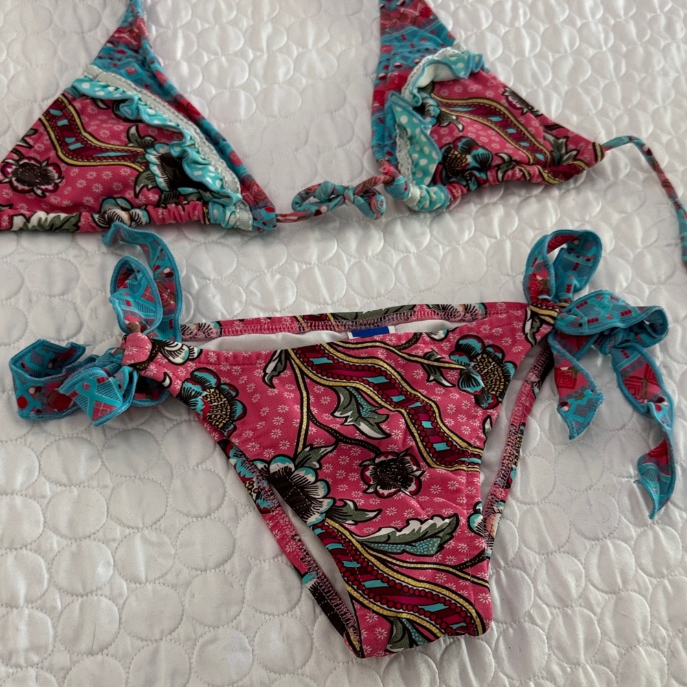 Kids Girls size Large Pink and Blue Patterned bikini triangle top ruffled swim